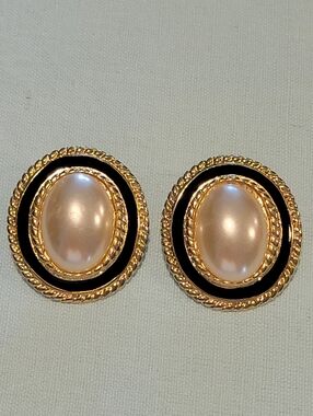 Made In USA stamped Gold-Tone Pearl Oval Drop Earrings with Black Enamel Accent